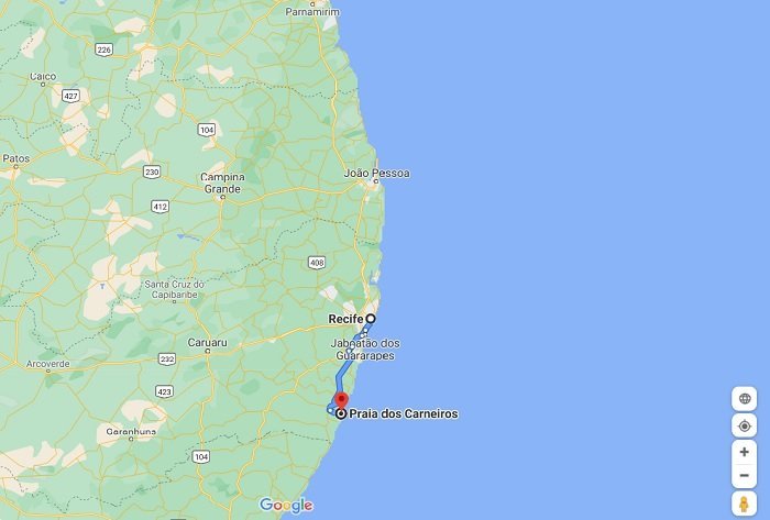 Para ir do Recife até a praia dos Carneiros, você percorre uma distância de 101 km no tempo, em média 2 horas. Se você sair do Aeroporto Internacional de Recife, percorrerá 12 quilômetros a menos e evitará o trânsito da cidade de Recife.