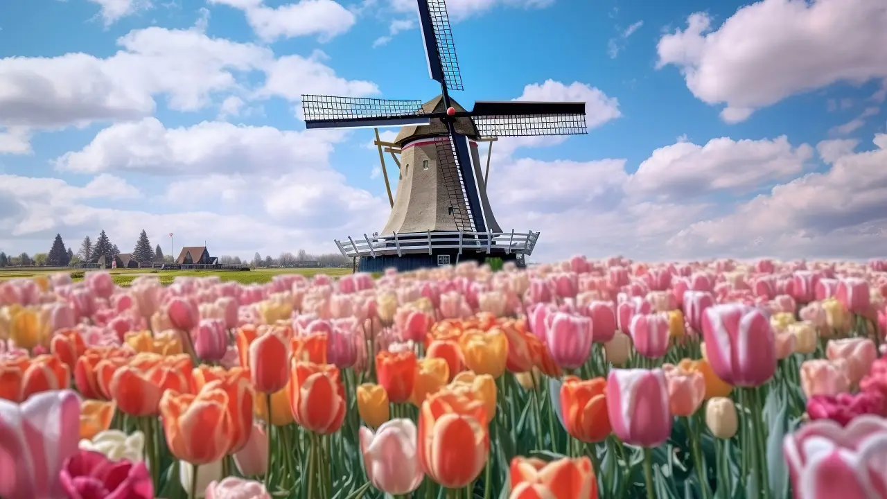 Campos de tulipas e moinhos em Amsterdã
