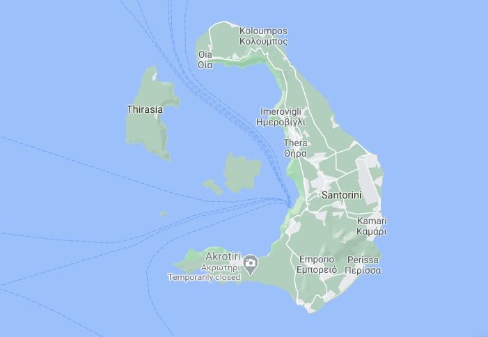 Mapa de Santorini, Grécia.