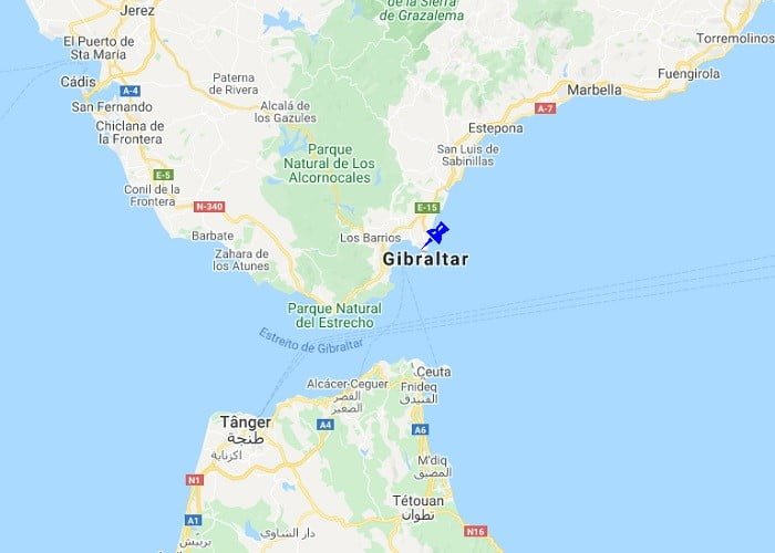 Mapa de Gibraltar, Estreito de Gibraltar.