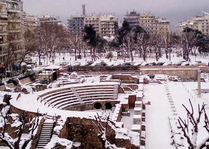 Fórum Romano, mercado antigo, Thessaloniki, neve