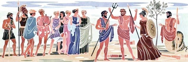 O fim da disputa entre Poseidon e Atenas, Grécia Antiga, batalha dos deuses