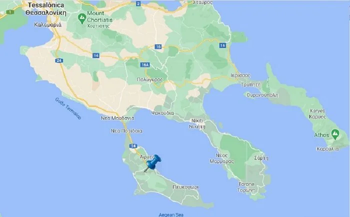 Mapa de Halkidiki, Grécia, Kassandra.