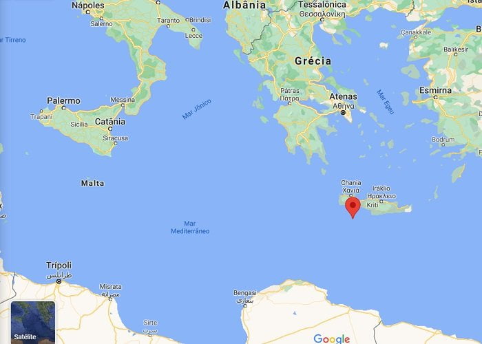 Mapa do ponto mais meridional da Europa, Gavdos, Creta.