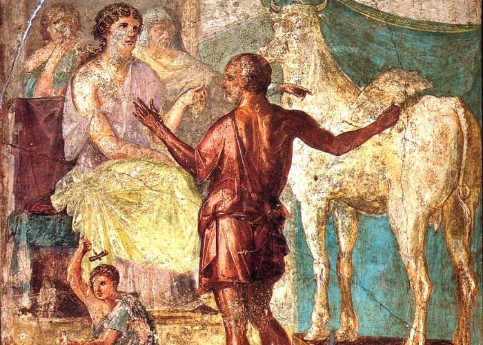 Mito do Minotauro, Pasifae e Dédalo com a fantasia de vaca para enganar o minotauro.
