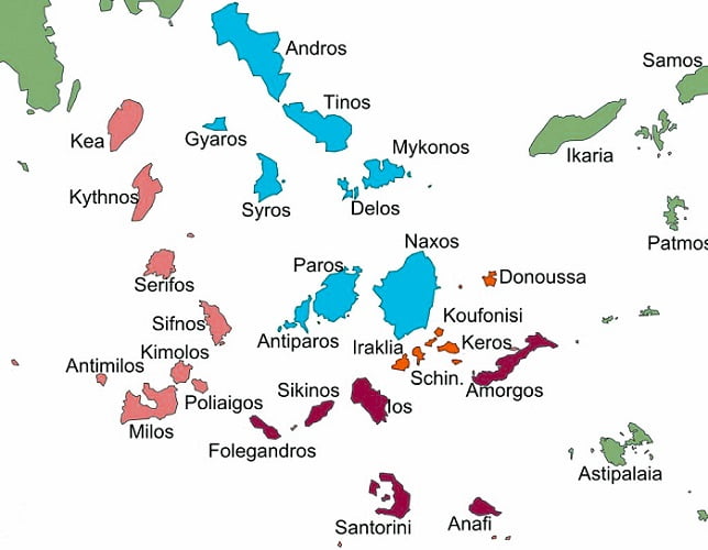 Cyclades ou cíclades, mapa das ilhas do mar egeu.
