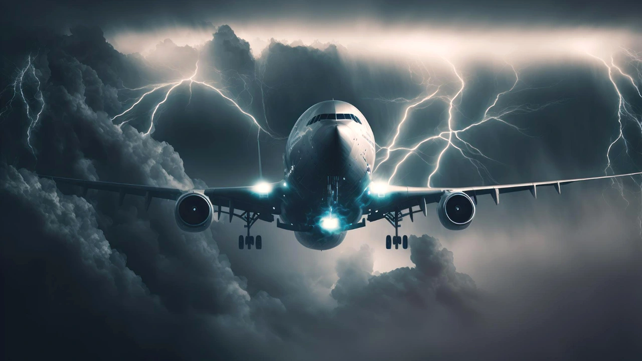 Avião no ar e tempestade.