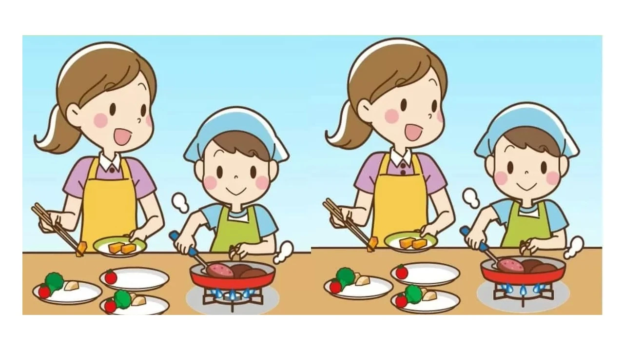 Jogo dos erros: encontre 3 diferenças entre as imagens da família cozinhando