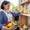 Mulher guardando alimentos na dispensa.