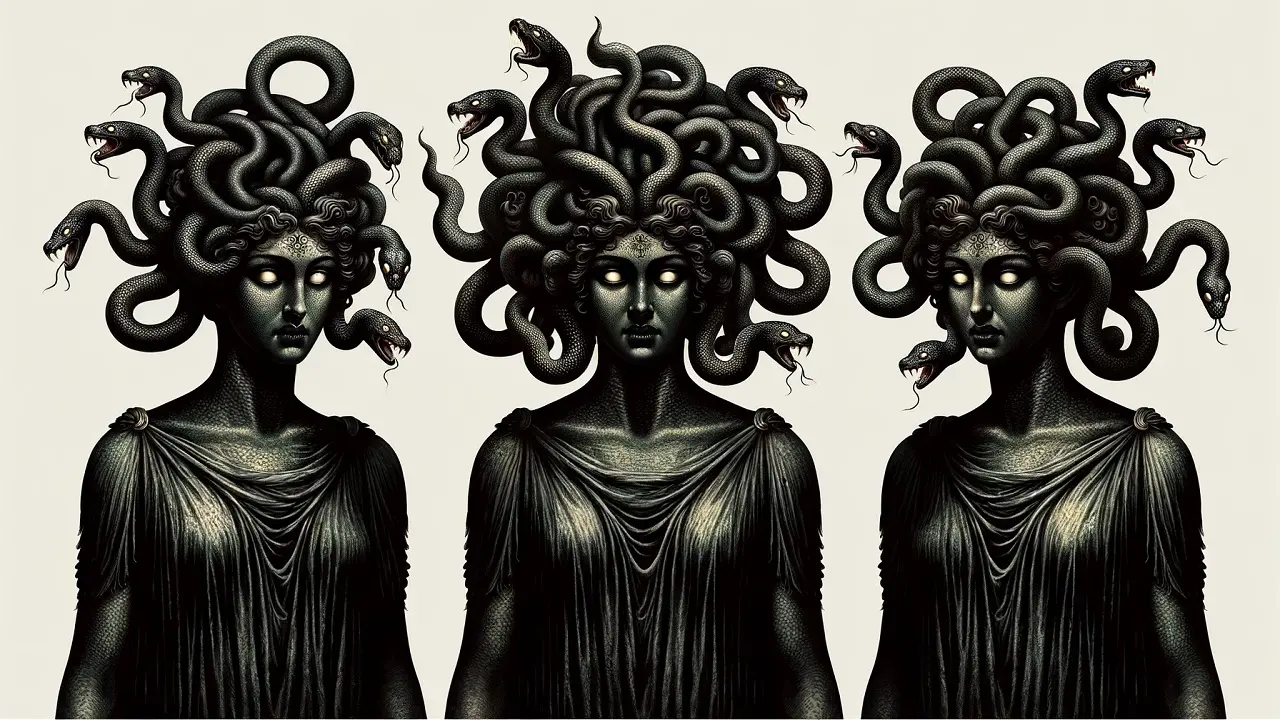 "As cabeças das Erínias eram enroladas com serpentes, uma imagem que lembra a Medusa Górgona, e em geral toda a sua aparência era horrível e repulsiva. Elas são geralmente representadas com um olhar cintilante, negras na aparência, exalando fogo destrutivo, mas também com asas e vestindo roupas negras."