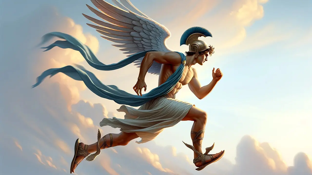 Hermes é frequentemente retratado como um jovem ágil e astuto, com asas nos pés e um chapéu alado, o que o torna o deus da velocidade e dos viajantes.