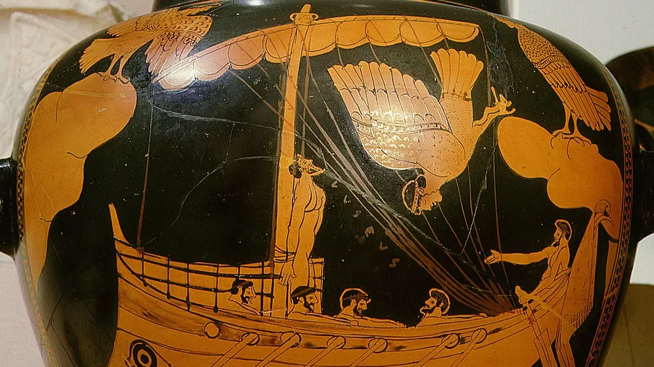 Vaso das sereias que representa o navio de Odisseus