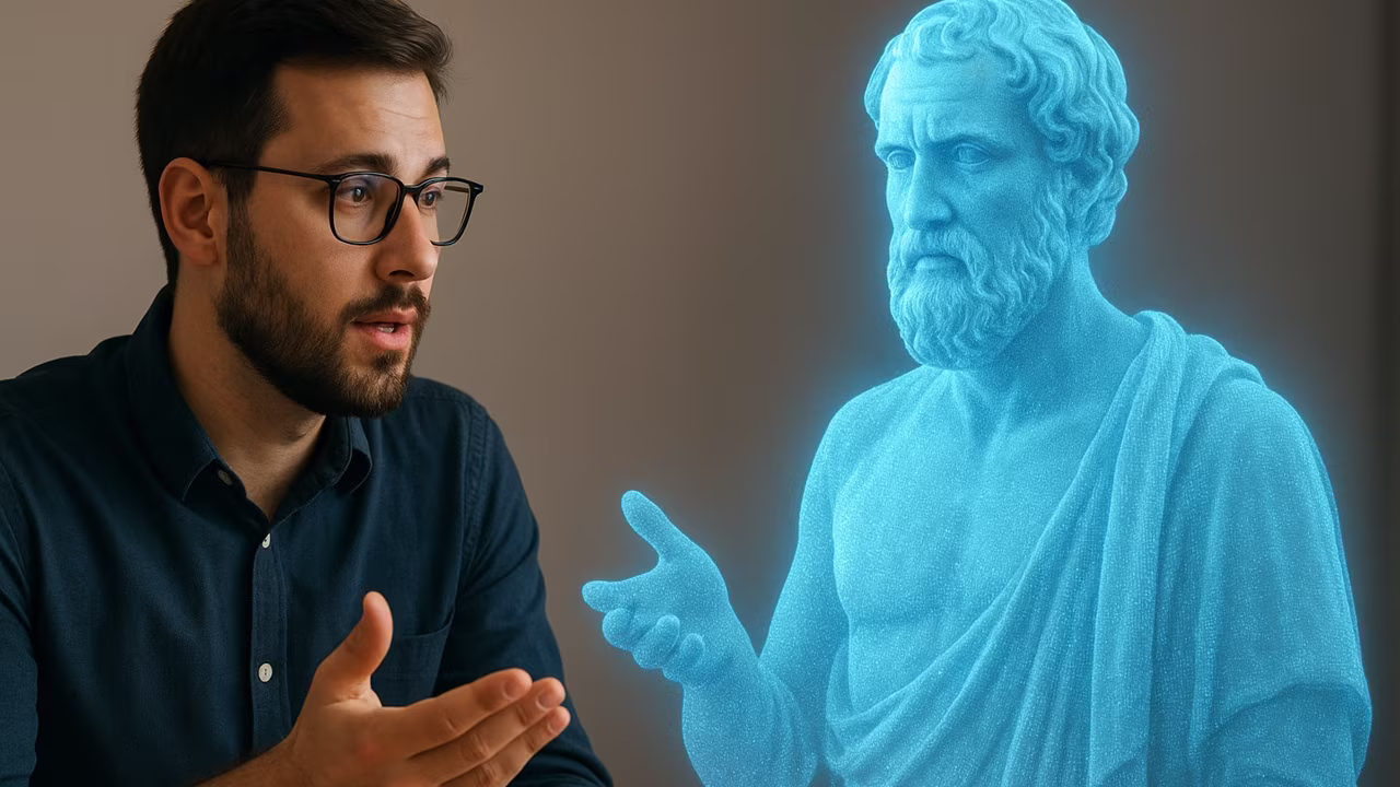 Homem conversando com filósofo grego.