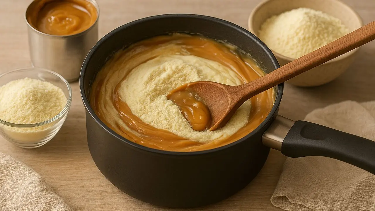 Preparo de doce com leite ninho e doce de leite.